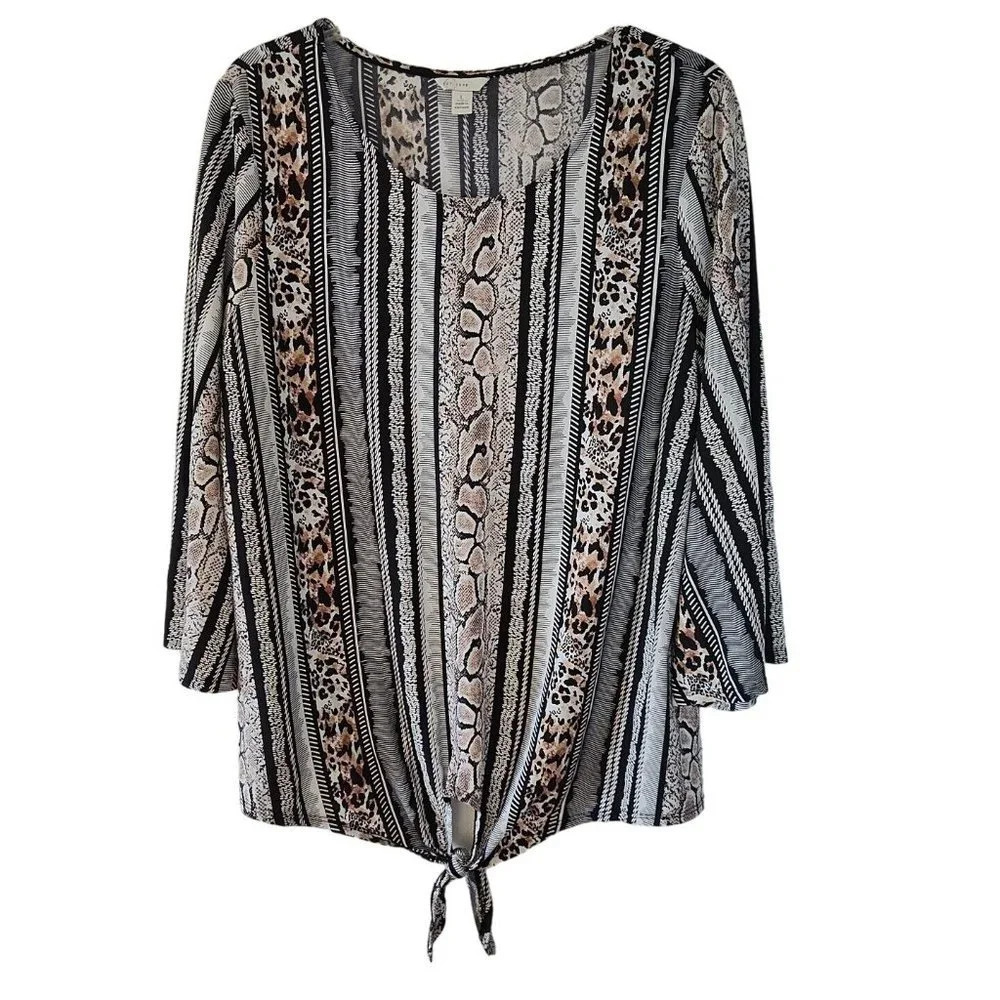 Cato Animal Print Tie Front Top Shirt Women Size L Long Sleeve Scoop Neck